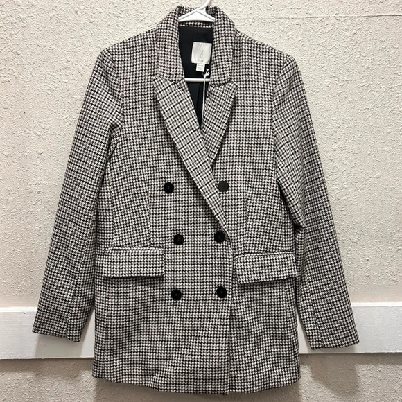Joie Houndstooth Neutral Double Breasted Wool Blend Blazer Coat Jacket NWT XS - Picture 1 of 9